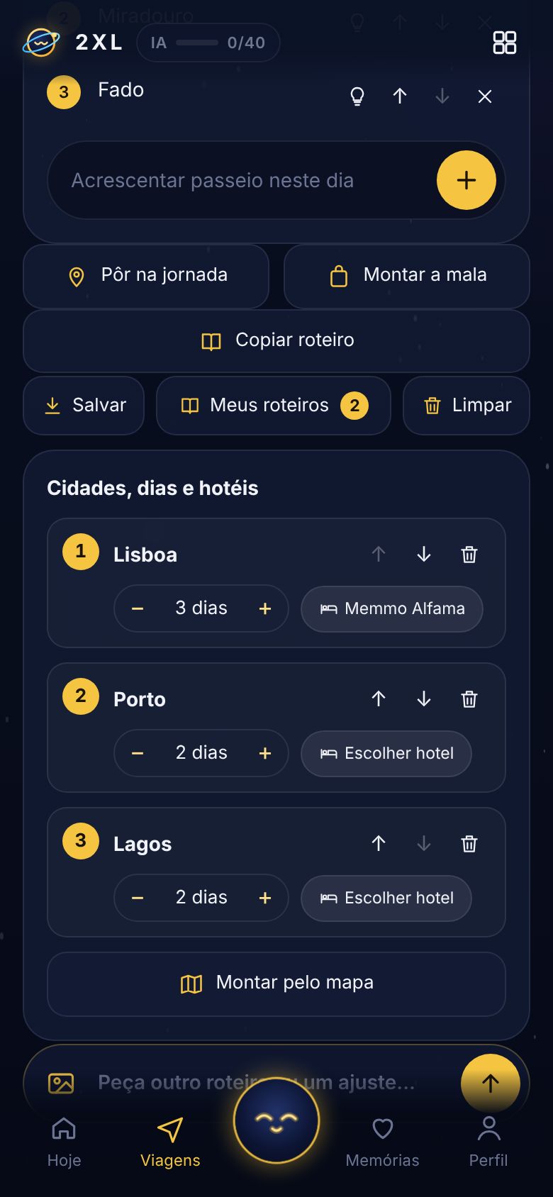 Barra Salvar, Meus roteiros e Limpar, com cidades, dias e hotel